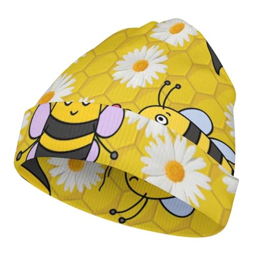 Cute Bee and Flowers Pattern Kids Beanie Hat for for Girls Boys Children Cap Winter Knitted Chemo Cancer Headwear Accessories Gifts Decoration Black