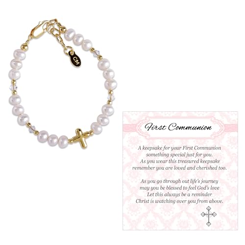 Image of Cherished Moments Girls .925 Sterling Silver and 14K Gold-Plated Cultured or Simulated Pearl Bracelets for First Communion Gifts with Poem and Gift Box