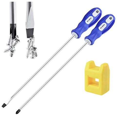 IEBUOBO Slotted and Phillips Screwdriver, PH2 12" Long Cross-head Screwdriver & Flat Blade Screwdriver, 2 Packs Magnetic Screwdriver with Rubber Handle, With Magnetizer/Demagnetizer Tool Cover