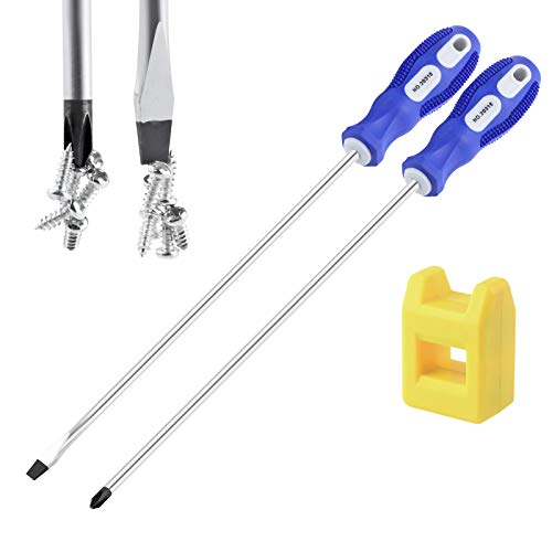 IEBUOBO Slotted and Phillips Screwdriver, PH2 12" Long Cross-head Screwdriver & Flat Blade Screwdriver, 2 Packs Magnetic Screwdriver with Rubber Handle, With Magnetizer/Demagnetizer Tool