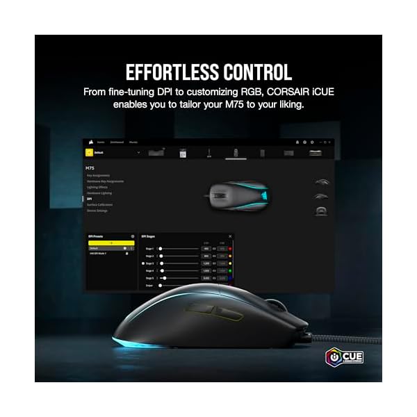 Corsair M75 Wired RGB Lightweight FPS Gaming Mouse – 26,000 DPI – Swappable Side Buttons – PC – Black - Image 8