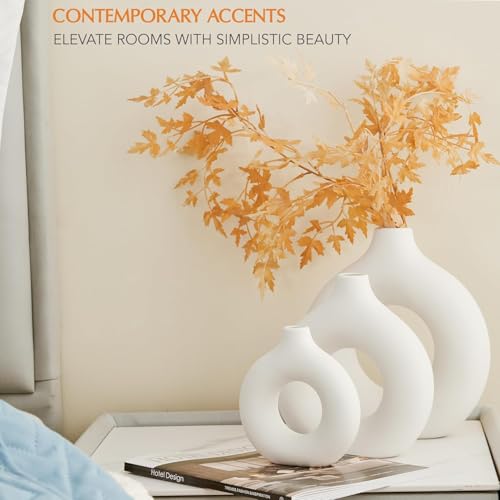Image of Amazon Basics Hand Crafted Ceramic Donut Shaped Vase with Pampas Grass | for Unique Home Decor (Pack of 3), White