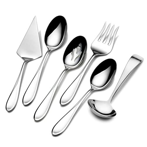 Image of Mikasa Bravo 18 /10 Stainless Steel 6-Piece Serving Set - Serving Spoons, Fork, Pie Server, Gravy Ladle - Polished Silverware Flatware Serveware