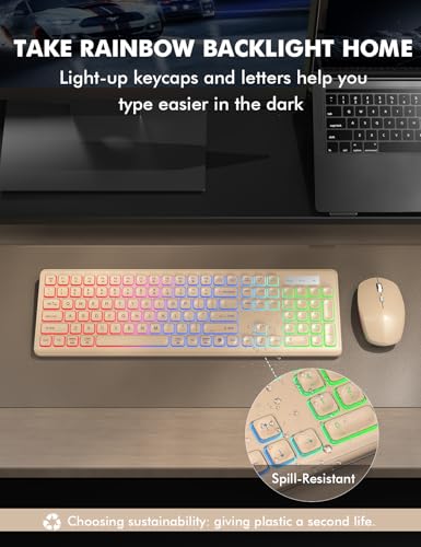 Image of Wireless Keyboard and Mouse Combo, RGB Backlit, Trueque KM42Pro | RGB Rainbow Backlit, Rechargeable Keyboard Mouse, Sleep Mode, 2.4GHz Wireless, Silent Soft Typing, USB-C Adapter