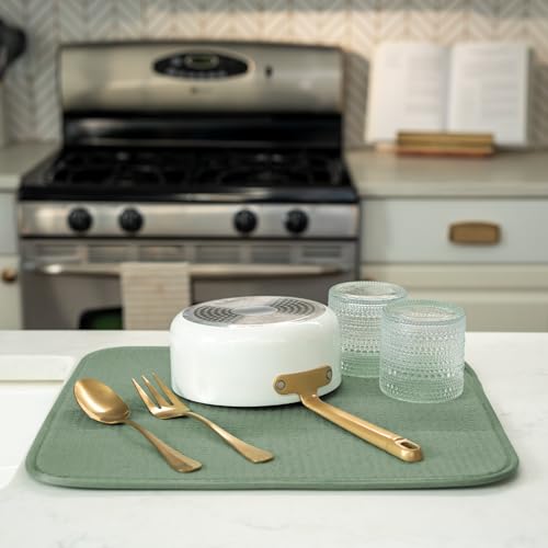 Image of S&T INC. Dish Drying Mat, 16 inch x 18 inch, Absorbent Microfiber Kitchen Counter Mat, Dish Drying Pad for Dishes, Utensils, Pots and Pans, Large, Sage Green