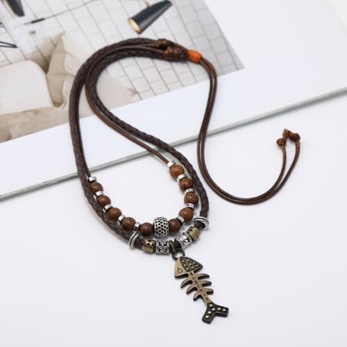 Leather Men Necklace Double Layers Braided Tribal Vintage Style Necklace Boho Hipppie Beaded Artificial Fish Bone Pendant Necklace for Christmas Gift3