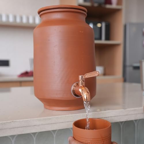 Image of Clay Water Dispenser with Copper Stainless Steel Tap & Lid - Terracotta Mitti Water Pot /Matka, Natural Earthenware Drink Dispenser for Kitchen, Home & Office (3.5 Litre)