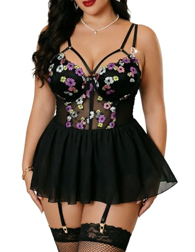 Image of Alrovetoney Plus Size Lingerie For Curvy Women Ruffle Lingerie Set Sexy Lace Lingerie Set Garter Belt With Stockings