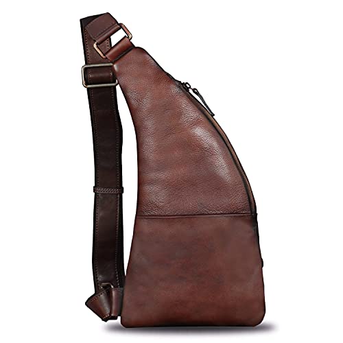 Genuine Leather Sling Bag For Men Vintage Handmade Crossbody Daypack Hiking Backpack Retro Crossbody Shoulder Bag (Lightcoffee) #TOP2