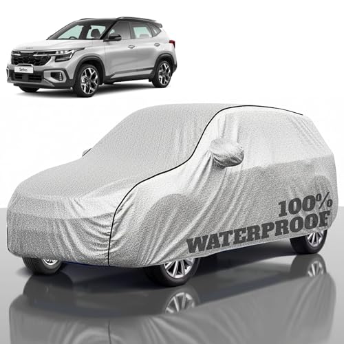 Image of Premium Polyester Car Cover Seltos All-Weather Protection from Rain, Dust & Sun | UV Resistant Fabric | Full Body Secure Fit for Outdoor & Indoor Parking Silver