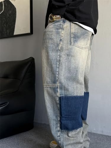 Men’S Trendy Vintage Oversized Loose Baggy Cotton Trousers Button Fly Distressed Washed Patchwork Full Length Jeans4