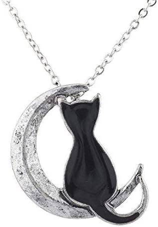Lux Accessories Cat on the Crescent Moon Pendant Chain Necklace (Burnished Silver)