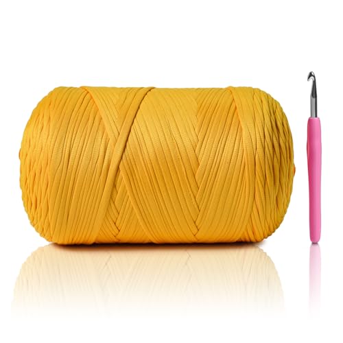 Image of 800G(228YDS) Tshirt Yarn for Crocheting,Chunky T-Shirt Yarn for Beginner Crochet Bags,Baskets,Coasters,Shoes,Clothes,DIY Crafts, Elastic Fabric Thick Hand Knitting Crochet Yarns (Golden Yellow)