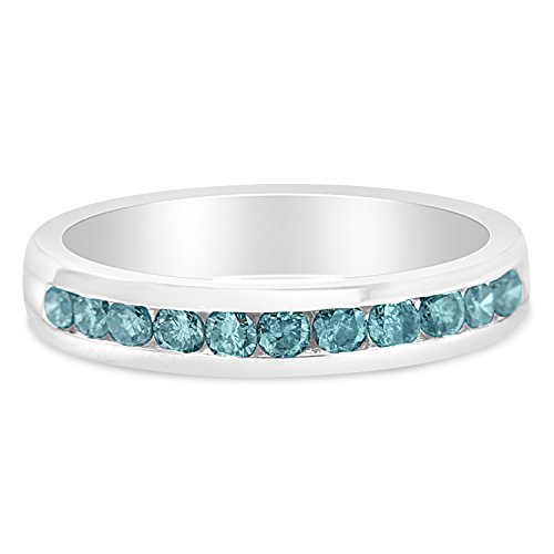 Original Classics 14K White Gold Treated Blue Round Diamond Modern Band Ring (0.5 Cttw, Blue Color, I2-I3 Clarity) - Size 6-3/4