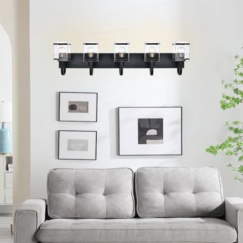 Image of 5 Light Vanity Light Bathroom Lighting Fixtures,Black Cage Vintage Wall Sconces Lighting,40.2 Inch Bath Wall Mounted Lights with Clear Glass Shade Bathroom Vanity Light for Living Room