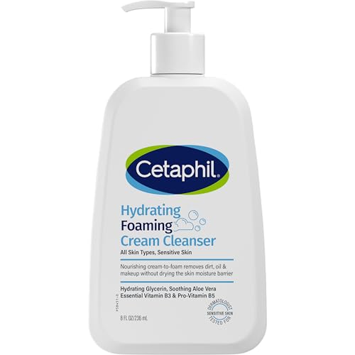 CETAPHIL Hydrating Foaming Cream Cleanser 236ml, Transformative Cream-to-foam Texture, For All Skin Types, Sensitive Skin, With Soothing Aloe, Hypoallergenic, Fragrance Free, Dermatologist Tested
