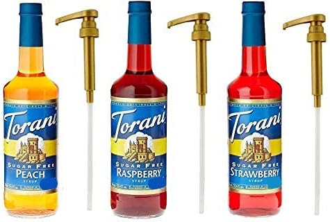 Torani Sugar Free Syrup PLUS 3 Pumps, Raspberry, Strawberry and Peach 25.4 oz (3 pack) for Torani 25.4 Ounce Bottles, to Enhance Tea, Italian Ices, Snow Cones and Desserts
