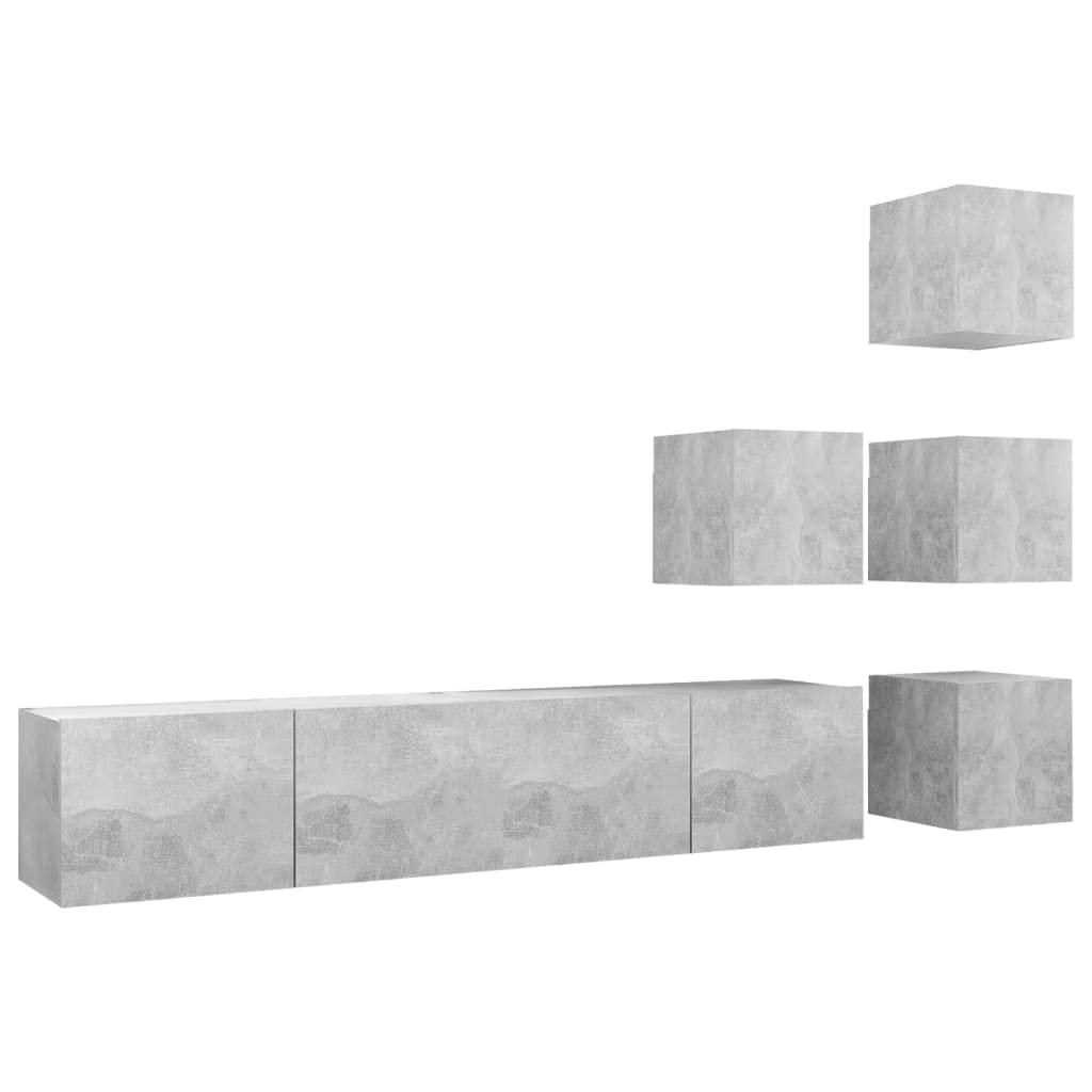 6-TLG. TV-Schrank-Set Betongrau Holzwerkstoff, Modernes Wohnzimmer Media Center, Hängende Konsole für DVDs, Langlebige Aufbewahrung