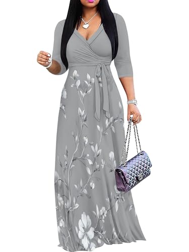 Image of PinkPatty Women's Long Sleeve Maxi Dress Plus Size Trendy Wedding Guest Wrap Dress with Pockets&Belt