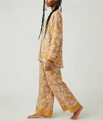 Image of Women Satin Pajama Set Floral Silk Pajamas 2 Piece Lounge Sets Button Down Shirts Wide Leg Pants Pjs Sleepwear