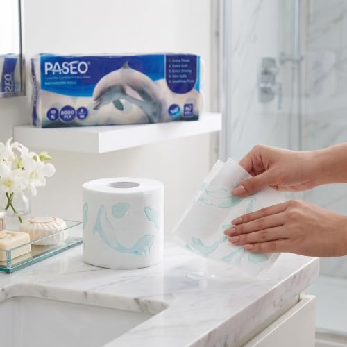 Image of PASEO Dolphin 4-Ply Toilet Tissue Paper Roll | 10 Rolls, 200 Pulls, 800 Sheets each | Ultra Soft, Highly Absorbent & Gentle on Skin | OBA Free | 100% Virgin Paper