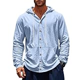 Linen Hoodie Men Cotton Linen Long Sleeve Button Down Shirt Summer Casual Hawaiian Beach Tops Lightweight Fashion Hoodies with Pockets Light Blue X-Large