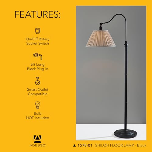 Adesso Floor Lamp, Black & Oatmeal, Pleated Shade, Curved Arm, 63” by Adesso - Used condition - Image 6