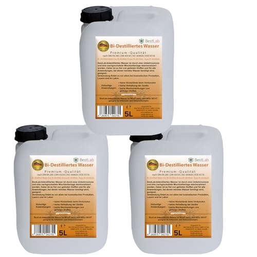 BestLab Bidestilliertes Wasser | 2-Fach destilliertes Aqua - Ideal für Haushalt, Medizin, Labor und Elektrogeräte, Auto oder Bügeleisen - 1L, 1L mit Sprühkopf, 5L und 3x5L Paket