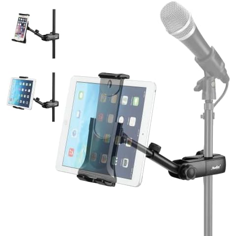 Moukey Tablet Holder for Microphone Stand, Adjustable Mic Music Stand Phone Holder Mount, Compatible with iPad, iPhone, Android, All 4.7 to 12.9 Inches Tablets & Smartphones Cover