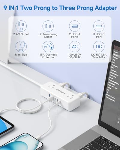 Extensión kakahigh Modelo KUS-769-W-2pin, 3 pies, 15A, 9 tomas, con 5 puertos USB y enchufe tipo A miniatura 3