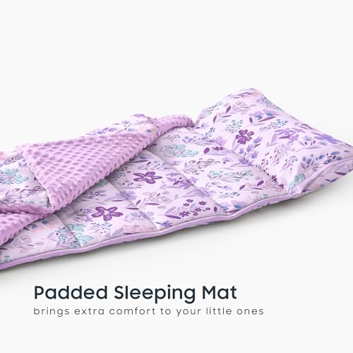 Image of Wake In Cloud - Toddler Nap Mat with Pillow and Minky Fleece Blanket, for Kids Girls Ages 3 Plus in Daycare Preschool Kindergarten, Roll Up Sleeping Bag, Floral Flowers
