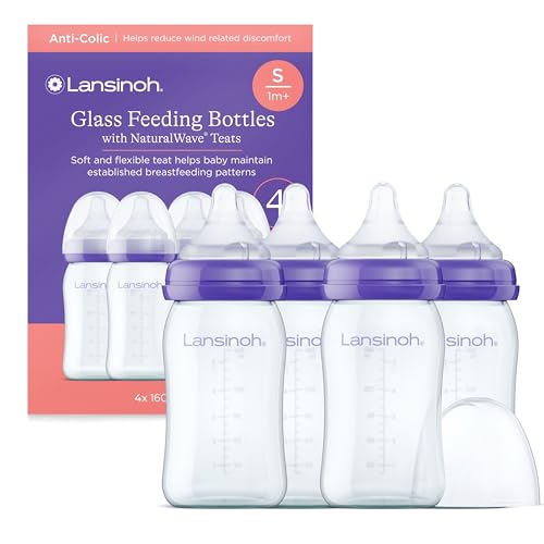 Lansinoh Glass Baby Bottle + NaturalWave Slow Flow Teat with Anti Colic Air Vent - 4 x 160ml - BPA & BPS-Free - Breastfeeding Bottle Feeding: Clinically Proven to Reduce Nipple Confusion