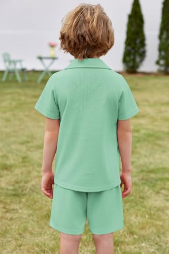 Image of Arshiner Toddler Boys 2 Piece Summer Outfits Waffle Knit Short Sleeve Button Down Shirt & Casual Shorts Sets Size 2-7