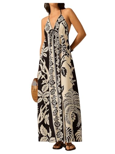 Image of SOLY HUX Women's Boho Floral Print Maxi Dress Halter Backless Flowy Long Vacation Beach Summer Dresses