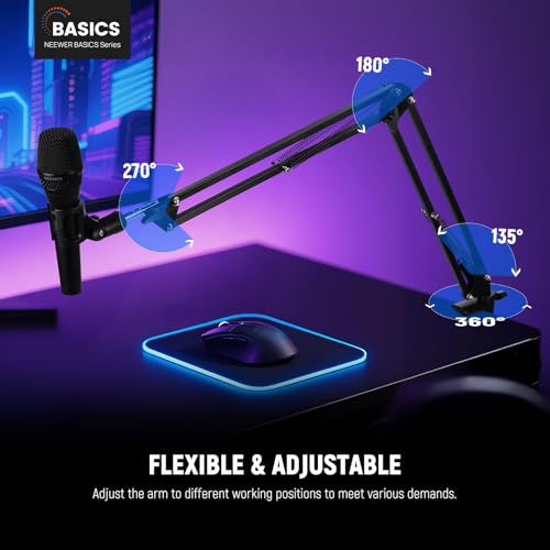 Image of NEEWER BASICS Desktop Microphone Arm Stand, Suspension Scissor Boom Mic Desk Mount Compatible with Blue Yeti Snowball HyperX QuadCast SoloCast Shure, Max Load 3.3 lbs, Cleaning Cloth, MS006