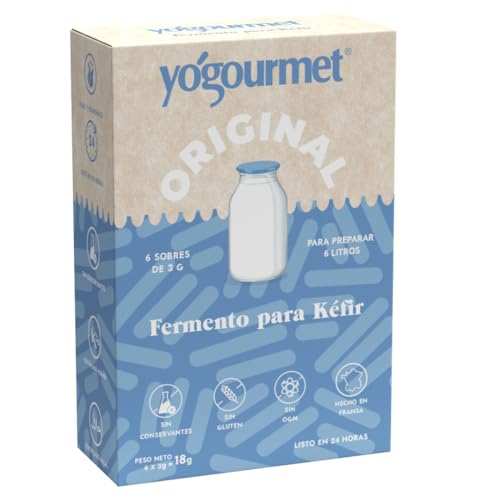Yogourmet - Fermentos para Kéfir (6 Sobres = 6 Litros) Haz Kéfir en Casa - Natural, Sin Gluten, Kosher, Halal