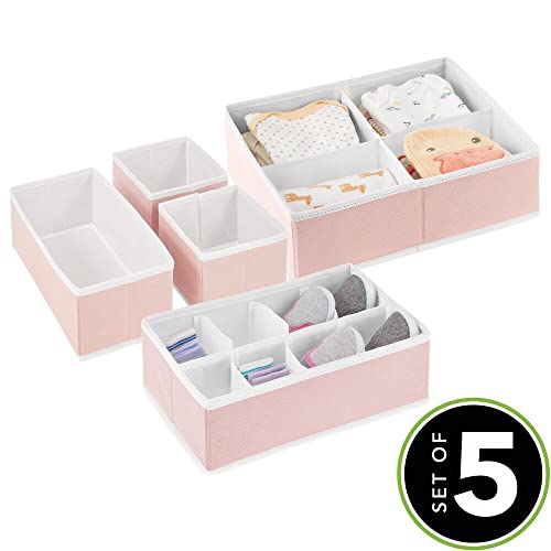Mdesign Soft Fabric Dresser Drawer/Closet Divided Storage Organizer Bins For Nursery - Holds Blankets, Bibs, Socks, Lotion, Clothes, Shoes, Toys, Jane Collection - Set Of 5 - Pink/White #TOP1