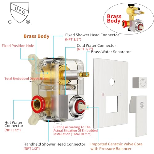 SR SUN RISE 12 Inches All Metal Shower System with Tub Spout Square Rain Shower Head and Handheld Combo Shower Fixtures, Bathtub Faucet Set, Shower Valve and Trim Kit, Brushed Nickel - Image 4