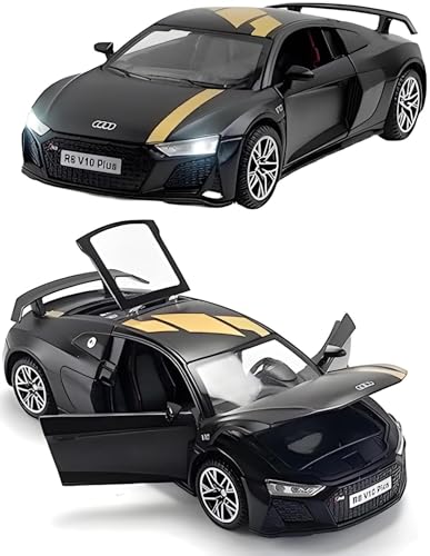 Image of Die-Cast Model Car, 1:32 Scale, Black with Gold Accentsband Hood Pull Back Super Car with Openable Doors Sound and Light for Birthdays Gift Party Decorations (Audi 1:32)