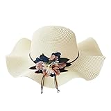 JUNGEN Damen Strohhut Faltbar Sonnenhüte Wide Rand Strandhut Große farbige Blumen Dekoration Hüte für Outdoor-Aktivitäten Size 56-58cm (Weiß)