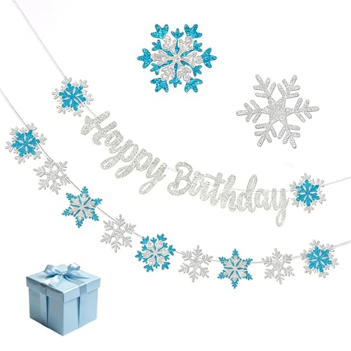 Lot de 2 guirlandes de Flocons de Neige pour La Reine des neiges, Guirlande d'anniversaire, bannière Happy Birthday, Accessoires de fête pour célébrations...