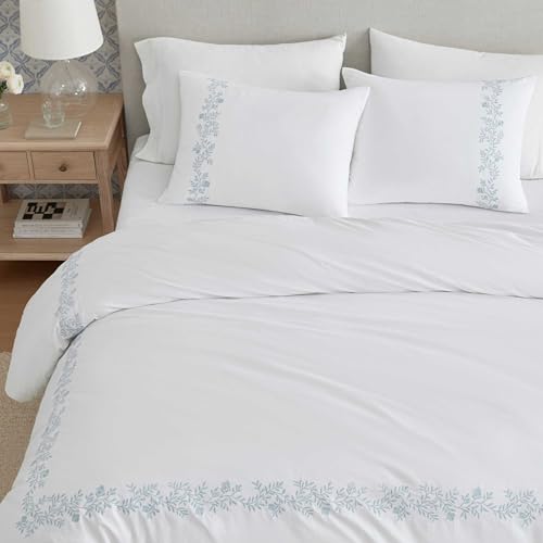 Martha Stewart - Queen Duvet Cover Set, 100% Soft Cotton Bed Set with a Smooth Cotton Percale Reverse, 3 Piece Floral Bedding with Matching Pillowcases (Garden Path Embroidery Blue) by Martha Stewart - Used condition - Image 2