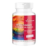 Vitamina B12 & Ácido Fólico (vitamina B9) sublingual con acerola –Bote para ¡6 MESES! – 180 comprimidos – sin estearato de magnesio – sistema inmune– más energía