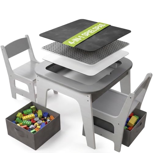 Juskys Kindersitzgruppe Milou - Set mit 2 Stühlen & 1 Tisch - Kindertisch Holz - Spieltisch mit Stauraum - Sitzgruppe für Kinder, Maltisch - Grau