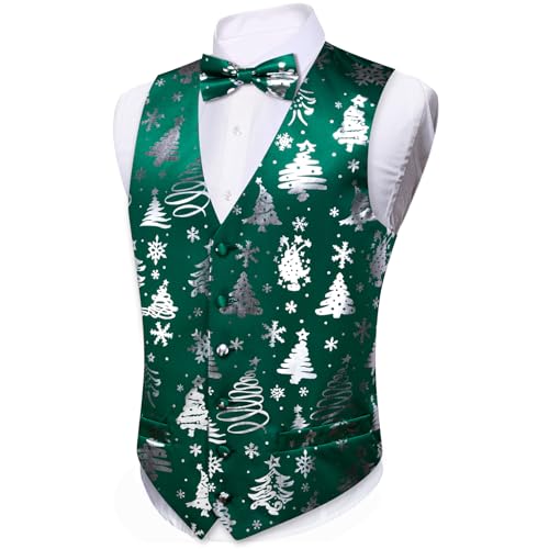 Barry.Wang Mens Christmas Vest Red Green Xmas Tree Snowman Snowflake Festival Suit Waistcoat Bow Tie Set Holiday4