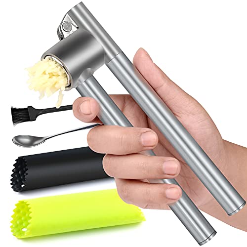 Garlic Press Stainless Steel, Garlic Mincer Chopper & Peeler Set - Professional Detachable Garlic Crusher and Garlic Peeler Tube Silicone, Easy-Squeeze, Easy Clean, Dishwasher Safe & Rust Proof
