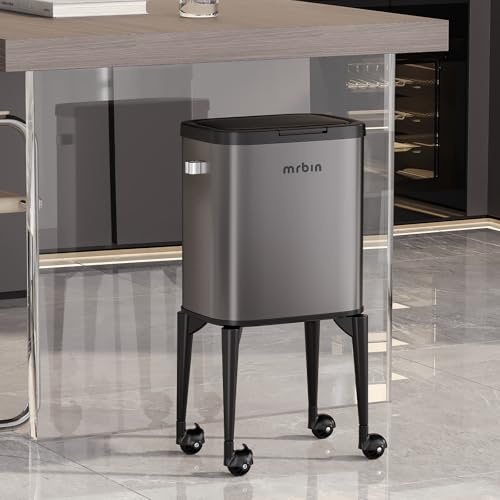 Image of MRBIN Metal Kitchen Trash Can with Wheel Legs, 23L / 6.1gal Medium Press Lid Slim Removable Waste Basket, Pet Proof Tall Narrow Garbage Pail for Vanity, Bedroom, Bathroom, Living Room, Eclipse Grey