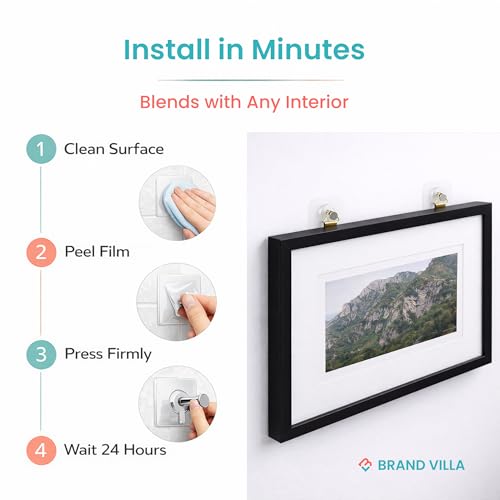 Image of BRAND VILLA Photo Frame Hooks for Wall Without Drilling, Heavy Duty Self Adhesive Wall Hooks Nail Free Strong Stainless Steel Transparent Hanging Hook for Frames & Home Decor (Pack of 30)