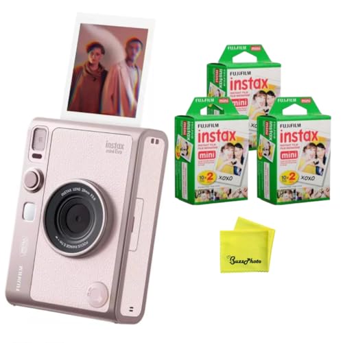 Image of Fujifilm Instax Mini EVO Instant Camera (Pink) w /BuzzPhoto Microfiber Cleaning Cloth and 3 Twin Packs Mini Instant Film