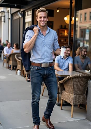 Image of Drowsmen Leather ratchet belt 1 3 /8 inch with Click Sliding Automatic Buckle, Adjustable belt Trim to Fit